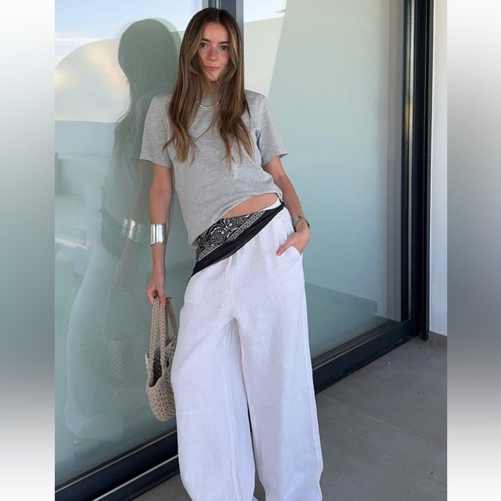 %100 Linen Chic White Wide-Leg High-Waisted Pants